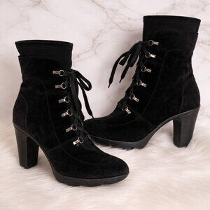 Aquatalia Black Suede Lace Up Ankle Boots, Block Heel, Lug Sole